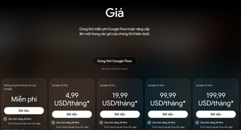 Bảng giá các gói Google AI trên trang Google Flow