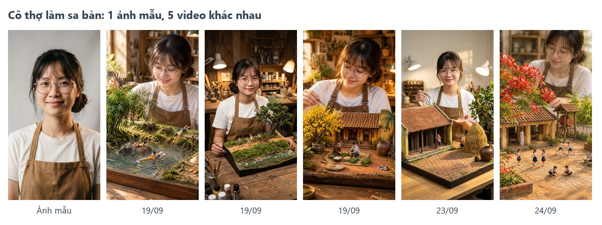 Nhân vật cô thợ làm sa bàn giữ nguyên gương mặt trong 5 video