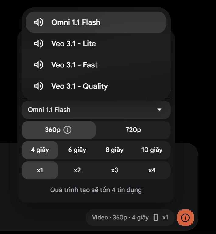 Chọn model Omni 1.1 Flash, Veo 3.1 Lite, Fast, Quality trong Google Flow