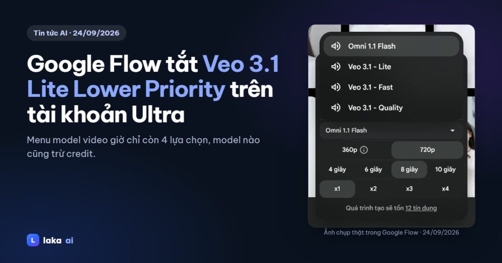 Ảnh chụp thật menu model video Google Flow ngày 24/09/2026, không còn Veo 3.1 Lite Lower Priority