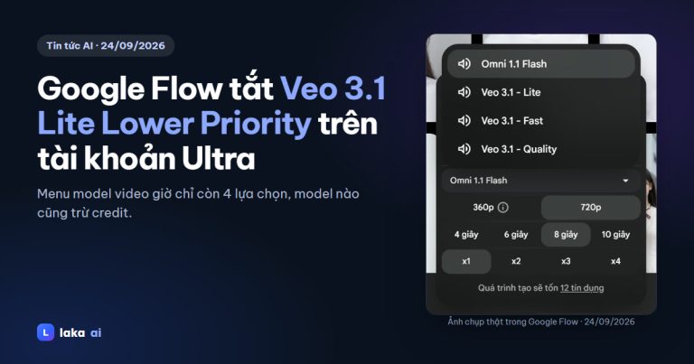 Ảnh chụp thật menu model video Google Flow ngày 24/09/2026, không còn Veo 3.1 Lite Lower Priority