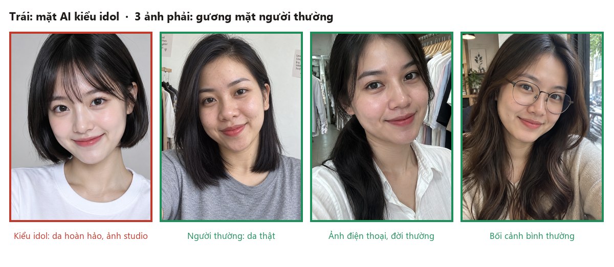 So sánh gương mặt AI kiểu idol và gương mặt người thường