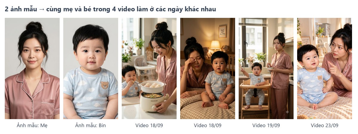 Cùng một nhân vật mẹ và bé giữ nguyên gương mặt qua nhiều cảnh video AI