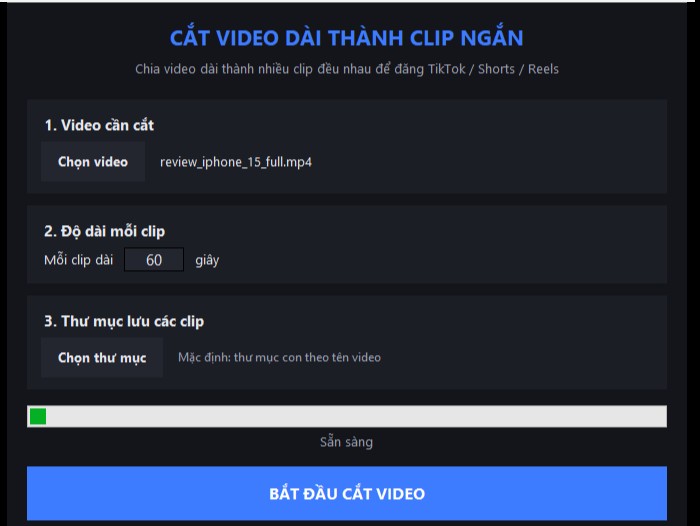 Giao diện phần mềm cắt video với video và độ dài mỗi clip