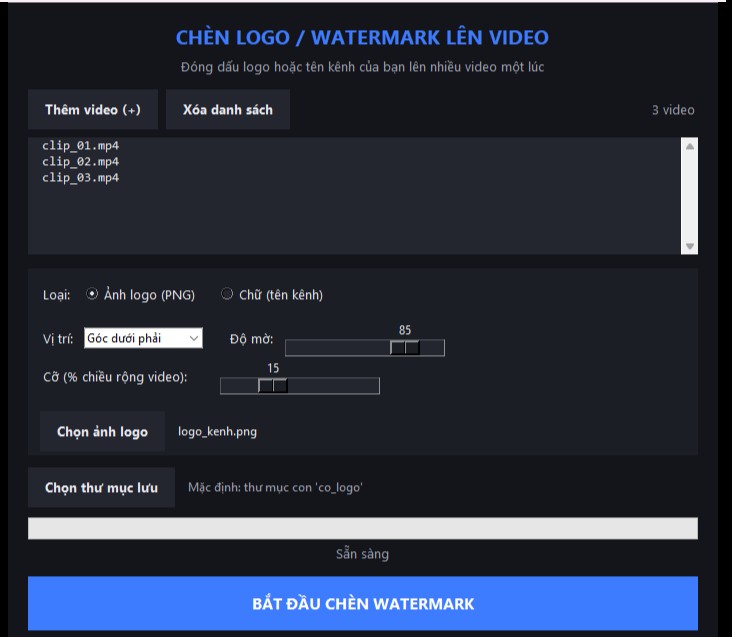 Giao diện phần mềm chèn watermark với danh sách video giả định