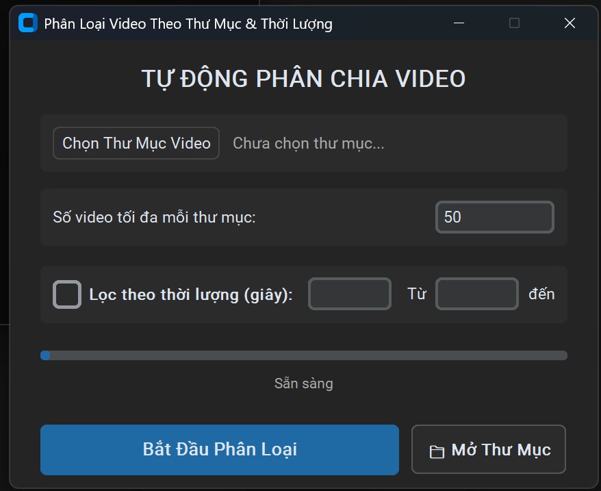 Giao diện phần mềm tự động phân chia video vào thư mục