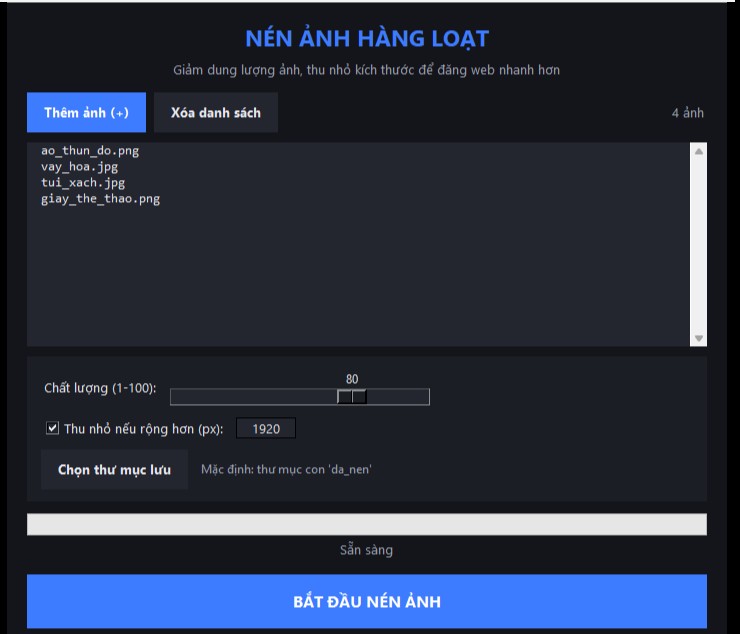 Giao diện phần mềm nén ảnh với danh sách ảnh giả định