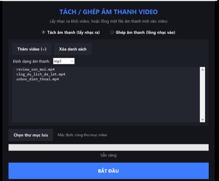 Giao diện phần mềm tách ghép âm thanh với danh sách video giả định