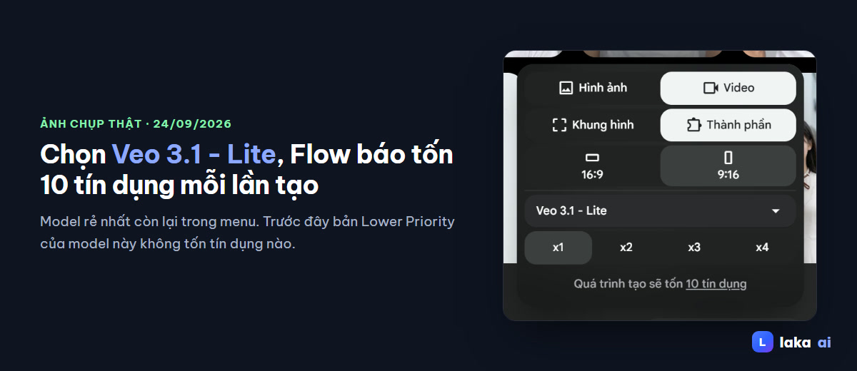 Google Flow báo Veo 3.1 Lite tốn 10 tín dụng mỗi lần tạo video