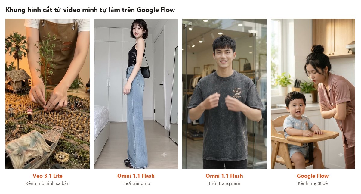 Khung hình từ video AI tự làm bằng Google Flow: Veo 3.1 Lite và Omni 1.1 Flash